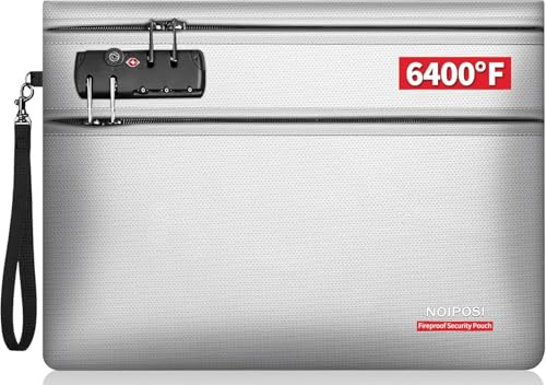 Noiposi 6 400 ℉ Brandsäker dokumentväska med lås, 12 lager värmeisolering | Dubbelt fack med dragkedja, brandsäker plånbok för kontanter, pass, dokument, värdesaker (silver, 36 x 26 cm)