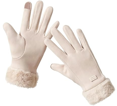 BDGYCK Women Winter Gloves, Windproof Plush Cuffs Thermal Touchscreen Gloves, Ladies Fleece Lined Soft Suede Mittens, Fur Cuff Full Finger Mittens for Dressing Texting Skiing Outdoor
