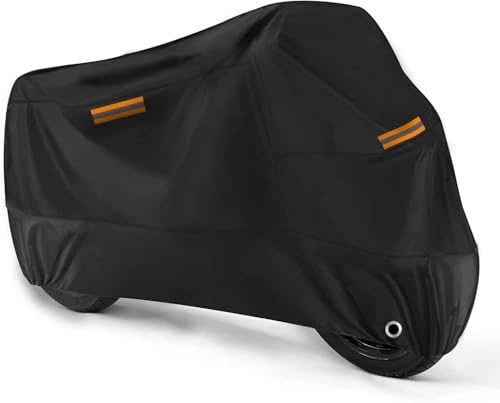 BENVOL 420D Heavy Duty Motorcycle Cover Waterproof Outdoor, 5000mm Rainproof Material Motorbike Cover with 2 Windproof Buckles, Lock Holes & Wide Reflective Strips, Anti-UV Sun Dust Protection