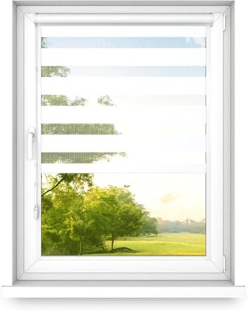 time4blinds – Dubbelrullgardin Utan Borrning – Zebra-Rullgardiner för Fönster och Dörrar – för Limning, med Aluminiumkassett, Ljusgenomsläppligt Tyg – Klassiskt vitt, 1500x700, Vänster