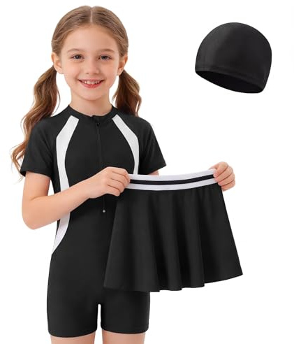 Keyck Bañador de Una Pieza para Niña, 3 en 1 Traje de Baño 4-12 Años | Manga Corta, Traje de Baño con Falda y Gorro de Baño, Secado Rápido Bañador con Cremallera Ropa Natación Playa Surf Piscina