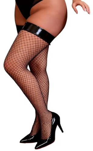 comeondear Calze Autoreggenti da Donna Sexy Rete con Bordo XS-5XL Taglie Forti Calze Sexy Fishnet Stile Punk in Similpelle Ideali per Reggicalze Curvy Overknee Trasparenti(Confezione Regalo) Nero,XS-M