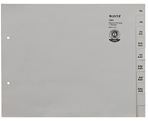 Leitz Register, Trennblätter mit Taben und alphabetischem Aufdruck A-Z für 200 Ordner, Halbe Höhe und Überbreite, Grau, 100% recyceltes Papier, Blauer Engel Siegel, 13540085