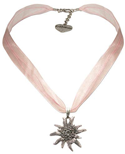 Alpenflüstern Bavarian organza necklace with rhinestone Edelweiss, Ladies costume jewelry, traditional german pendant necklace for Dirndl, Leather trouser, Oktoberfest (light pink)