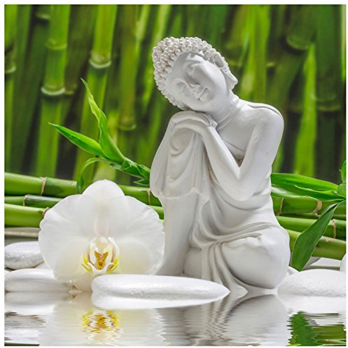 levandeo Glasbild 30x30cm Weiße Orchidee Bambus Buddha Wandbild Wanddeko Wellness Dekoration