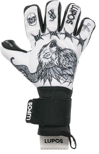 Guanti da portiere Lupos Tattoo per adulti e bambini. Taglio negativo, palmo Giga Grip da 4+3 mm, dorso in mesh con stampa digitale e strisce di silicone transparente.