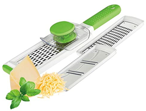 TAVIALO Gourmet Râpe de cuisine, Set de râpes avec protection des mains, mandoline, Râpe à fromage, parmesan, citron, incl. 3 lames Poignée Softgrip, socle antidérapant, Résistant au lave-vaisselle.