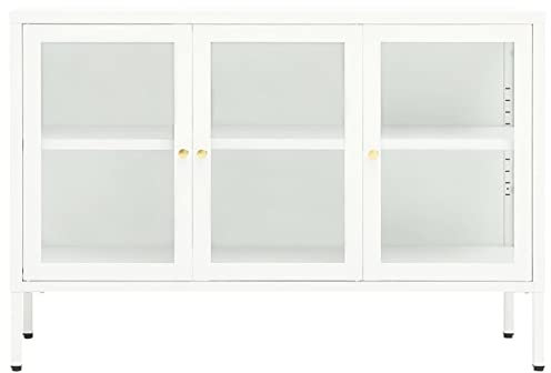 Gecheer Sideboard Kommode Vitrinenschrank Glasvitrine Beistellschrank Mehrzweckschrank Anrichte Stahl und Glas Weiß 105x35x70 cm