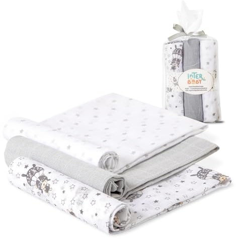 Interbaby Babytücher aus Baumwolle, 80 x 80 cm, Packung mit 3 Mullwindeln für Neugeborene, Stillen, Handtuch, Decke, bequem, weich, atmungsaktiv, Fallschirmspringer-Design, grau