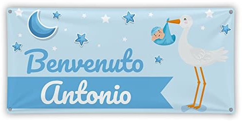 Babloo Banner in Poliestere Striscione Nascita Bimbo Benvenuto Personalizzato con Nome Bambino Baby Shower (80X140cm)