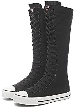 Momuk Women Boots Mid Calf Knee High Tall Zipper High Lace up Stylish Punk Flat Sneaker Boots Shoes for Girls Black