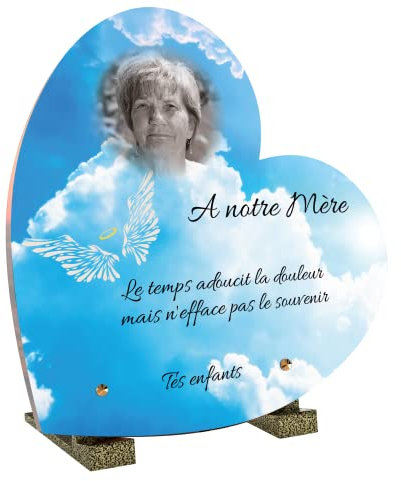 Plaque Funéraire personnalisée avec photo Coeur Ciel - Thème Ciel - Plaque Funéraire personnalisable en Altuglass - Résistante aux Intempéries et Traitée Anti UV (Ciel Ange, 21x21 cm (petit))
