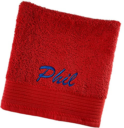 Schnoschi Handtuch mit Namen oder Wunschtext Bestickt, personalisiertes Duschtuch, individuelles Badetuch, Saunatuch oder Gästehandtuch mit Initialen, 100% Baumwolle, 50 x 100 cm rot
