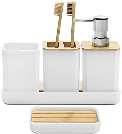 FEILANDUO Badezimmer-Zubehör-Set, 5-teiliges Badezimmer-Zubehör-Geschenk-Set, Seifenspender, Seifenschale, Zahnbürstenhalter, Zahnputzbecher, Schminktisch-Tablett, Boho, Moderne Badezimmer-Dekoration