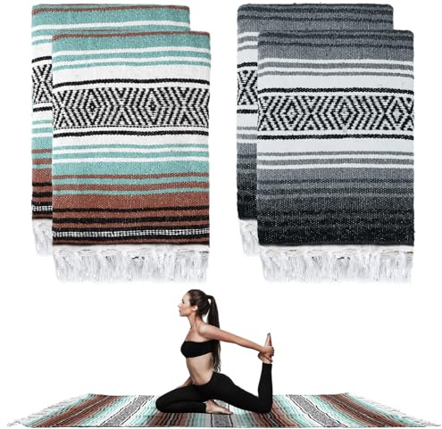 Preboun 4 Pcs Large Mexican Yoga Blanket Pack 45 x 70 Inch Thick Woven Camping Picnic Beach Car Travel Throw Blanket Outdoor Patio Mat Towel(Gray, Orange Green)