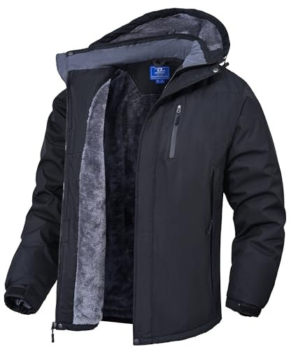 Zzkouine Herren Winter wasserdichte Fleecejacke - Wasserdichte Berg-Skijacke Winddichte Fleece Outdoor-Winterjacke mit Kapuze-Black-3XL