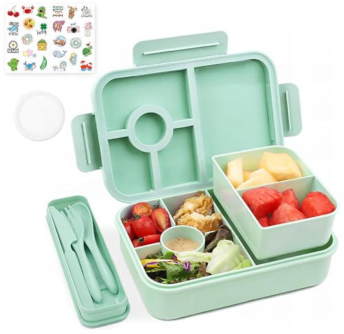 Bugucat Brotdose Kinder mit Fächern 1300ML, Lunchbox Kinder Auslaufsicher mit 5 Fächern, Bento Box Lunch Box mit Fächern für Erwachsene, Frühstücksbox Vesperdose für Jungen&Mädchen Grün