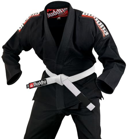 Buddha Fight Wear -Premium Infinity svart brasiliansk Jiu Jitsu/BJJ Gi Kimono med vitt bälte, unisex vuxen, Svart noir noir, A1