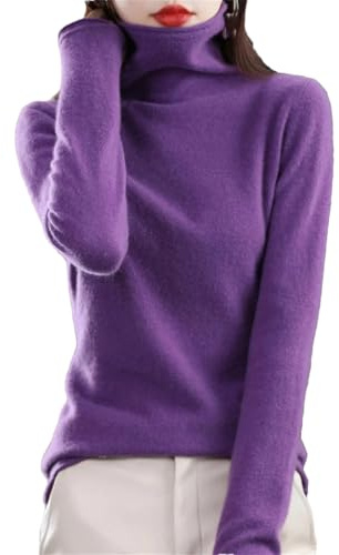 Suéter de cuello alto de lana merina 100% para mujer, color liso, de punto, básico, suave, tops de jersey, Morado (, L