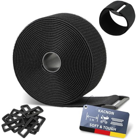 KACNON 5m x 5cm Klettband, Wiederverwendbar Klett Kabelbinder mit 10 Metallschnalle, Frei Zuschneidbar/Wiederverschließba, für Kabelmanagement,Gartenarbeit,Werkstätten,Schwarz