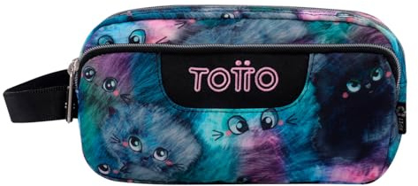 TOTTO - Estuche Escolar 3 Compartimentos, Modelo Agapec, Estuche Grande, Dimensiones 23 x 11.5 x 10.5 cm, Asa Lateral, Tiradores Ergonómicos con PVC, Tejido Resistente, Estampado Kitten Multicolor