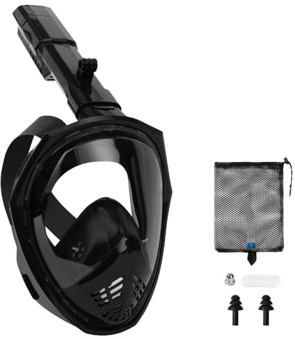 AOOSA Maschera Snorkeling Integrale Maschera Subacquea Con Staffa per Fotocamera, 180° HD Anti-Appannamento Anti-Perdita Maschera Integrale, Set da Snorkeling Pieghevole per Adulti, (Nero, L/XL)