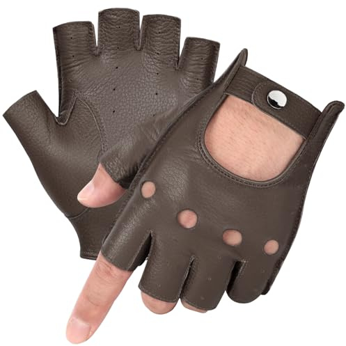 GSG SINCE 1998 – Gants Homme Sans Doigts en Cuir d’Agneau, Demi-Doigts Non Doublés, Respirants, pour Conduite, Vélo et Moto - brun foncé L
