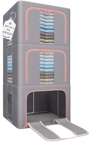 ZenCasa | 3 Scatole per Armadio Rigide con Cerniera da 66L, Set da 3 Contenitori per Armadio Salvaspazio, Organizer Armadio con Struttura in Metallo Pieghevole con Maniglie Rinforzate (66L, 3, unità)