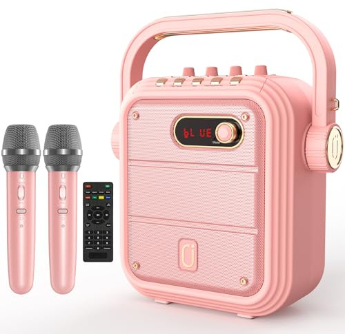 JYX Karaoke Anlage mit 2 kabellosen Mikrofonen, Tragbarer Bluetooth Lautsprecher mit RGB Licht, TWS, AUX, USB, TF, FM, Rec, Karaoke Maschine für Erwachsene und Kinder, Rosa