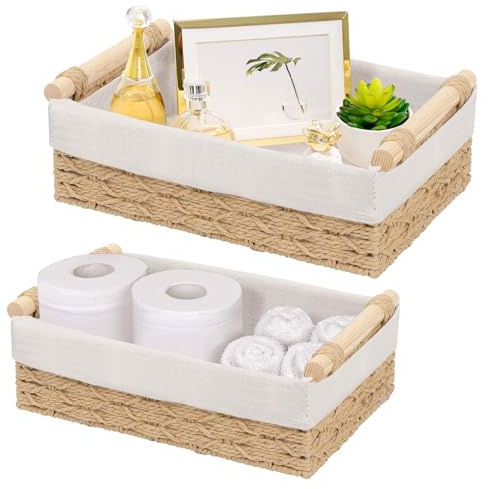 2 pezzi Cestino Portaoggetti porta Coperchi e Fodera Rimovibile, Cesto di Portaoggetti Intrecciato con Maniglia, Cesti Portaoggetti in Stile Boho, Adatti per Bagno, Camera da Letto e Armadi