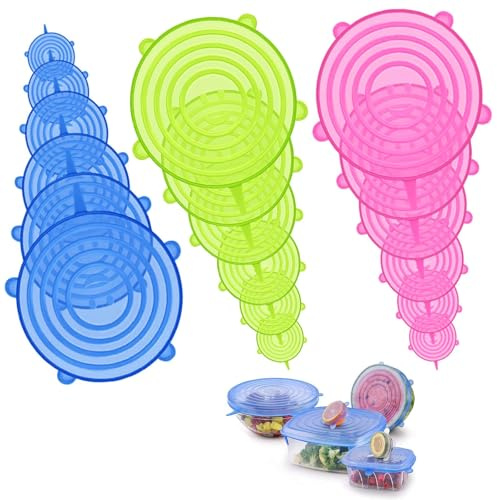 18 Pieces Silicone Stretch Lids, Keep Fresh Reusable Food Covers, 6 Different Sizes Silicone Lids Food Covers, 3 Colors Round Bowl Cover, Universal Stretchy Lid for Dishes Jars Bowls Yogurt Pot