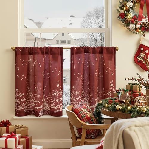 TOPICK Short Christmas Tree Pattern Cafe Curtains, Red Kitchen Curtains 24 Inch Drop, Linen-look Rod Pocket Curtain Tier 2 Panels for Sink Basin, Utility Room, Basement, Small Window, W26 x L24, Red