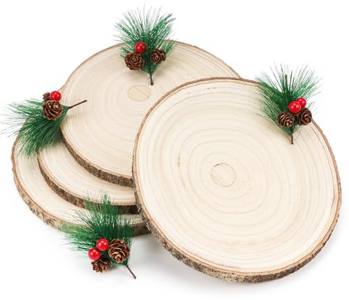 8 dischi rotondi in legno + rami di abete artificiali, 20 – 23 cm, decorazione natalizia in rami di abete con pigne e aghi di pino per decorazioni fai da te