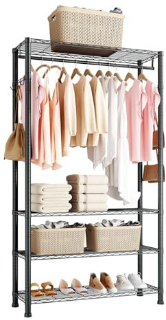 VEVOR Perchero de Acero al Carbono, Altura Regulable, con 1 Barra, Capacidad de Carga de 227 kg, 4 Estantes y 8 Ganchos, para Dormitorio, Tienda de Ropa, Armario o Pasillo, 76,2 x 35,6 x 194 cm
