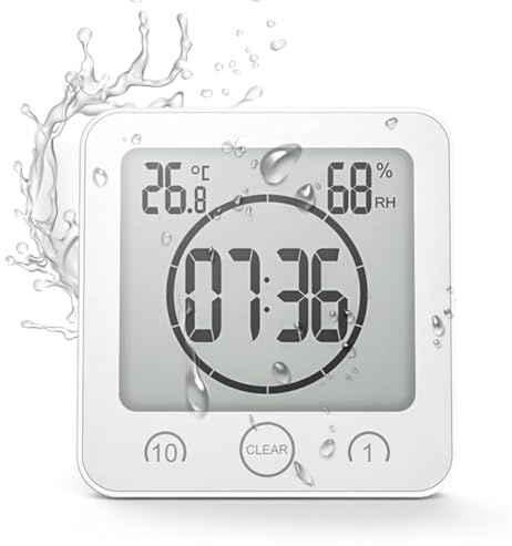 Peelanmall badrumsklocka, badkarstimer med hygrometer och termometer, LED-skärm, IP25 vattentät, digital badrumsklocka, nedräkningstimer för dusch, kök, familjevardag (vit)