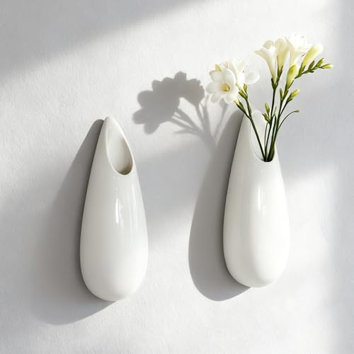 Duoqulou Hanging Wall Vase for Indoor Plants, White Ceramic Wall Planter,5.9 Inch, Decorative Wall Mounted Flower Vase for Propagation and Succulent Planter