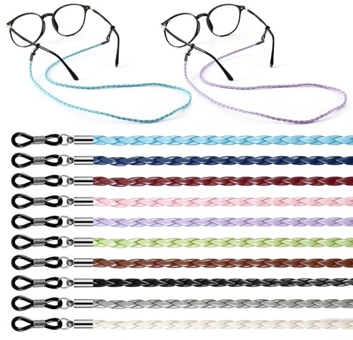 Qufiiry Collana da 10 occhiali in pelle universale antiscivolo per uomo e donna, cinturino per occhiali da sole, supporto per occhiali, catena per accessori intrecciati intorno al collo per uomini e