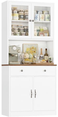 HOCSOK Credenza Cucina 180 cm, Alta Dispensa Cucina, Vetrina con Ripiani Regolabili, 2 Porta in Vetro, Microonde con Ripiani Aperti e Cassetti, Mobile Soggiorno, Bianco