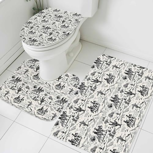 3 Piezas Juego De Alfombra De Baño Vaquero Western, Vintage, Desierto, Cañón, Cactus, Herradura Juego De Alfombrillas De Baño Lavable Absorbentes Alfombras De Cama, para Cocina, Bathroom