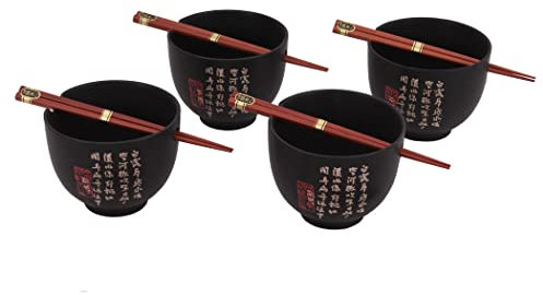 [ ZEIT SCHWARZ ] 4x Soba Bowl/Suppen-/Nudel-/Reisschale + 4 Paar Essstäbchen