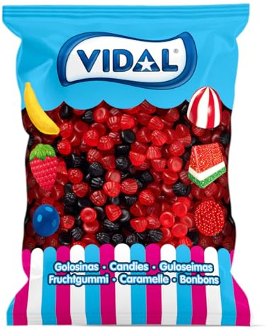Vidal Golosinas. Moritas Brillo. Caramelos de goma en forma de mora con acabado brillante y sabor intenso a mora. Colores rojo y negro. Sin gluten ni grasa. Bolsa 645 u