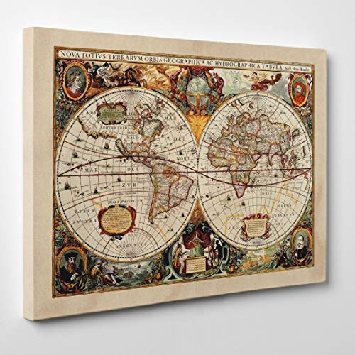 QUADRO SU TELA - INTELAIATO - Antica Mappa 1646 Mondo - Emisfero - Terra - World Map - Cartina Geografica - 50x70cm - Spessore 4cm - (cod.016)