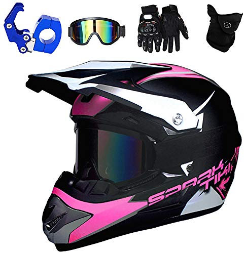 PKFG® Motocross Helm Kinder Pink, Offroad Motorradhelm mit Visier Brille Handschuhe Maske und Helmhaken, Mädchen Motorrad Cross Enduro Helm für Mountainbike MTB Moped Kopf Schutz, M (54~55CM)