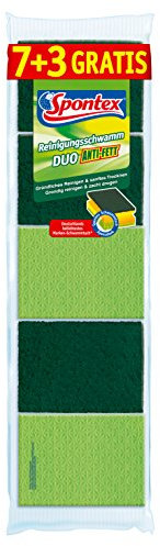Spontex Reinigungsschwamm Duo Anti-Fett 7+3, Topfreiniger mit Trockenseite, Farbe nicht frei wählbar, grün/pink, 1 x 10 Stück