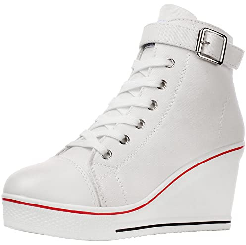 wealsex Baskets Mode Compensées Montante Sneakers Tennis Chaussures Casuel Toile Femme (Blanc-03,39)
