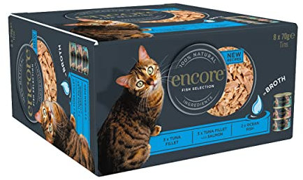 Encore 100% Natural Wet Adult Cat Food, Fish Selection in Broth, 8x70g Tins
