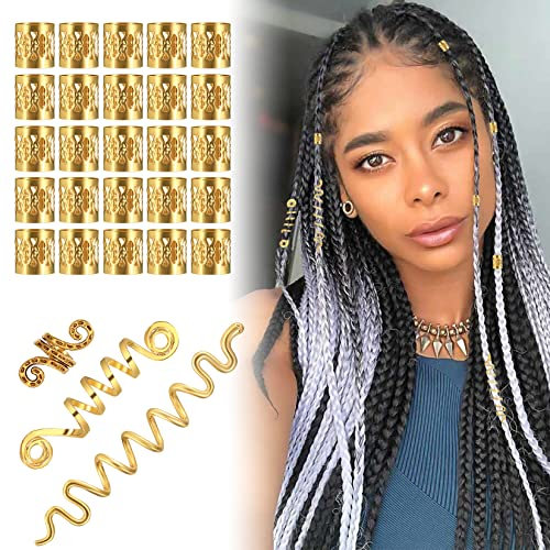53 Stück Dreadlocks Schmuck Haarspiralen Clips, Haar Geflecht Ringe Haarschmuck Set, Verstellbar Metall Haar Cuffs Dreadlocks Flecht Perlen Zubehör für Frauen Männer Zöpfe Dekoration, Gold