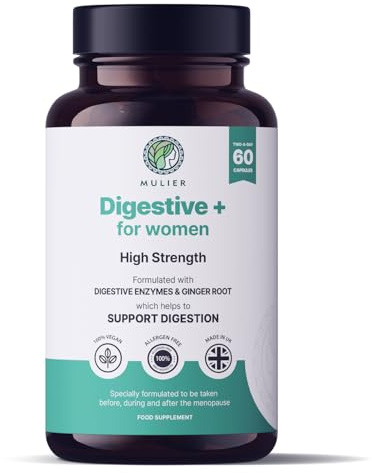 Mulier Menopause Bloating Relief, Digestive Enzyme Supplement, 10 Active Ingredients + Digestive Enzymes, Allergen Free & Vegan Friendly, 1 Month Supply, 60 Count, Gut Health
