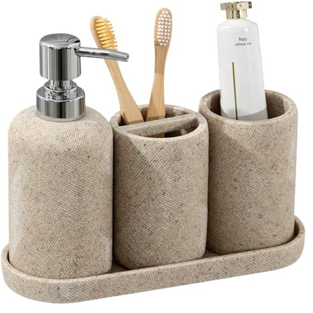 Bathroom Accessories Set, Bathroom Organizer Countertop, Soap Dispenser and Toothbrush Holder, Mouthwash Cup, Tray Set, Vanity Tray for Bathroom, 4 Pieces Modern Decor (Beige)