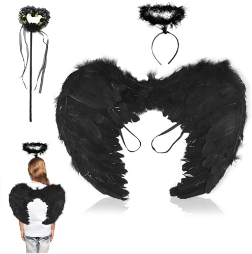 Teaque Ailes d'ange, Ailes et auréole d'ange Baguette Magique, Ailes d'anges Plumes,Ailes d'ange Costume de fête Fancy Dress pour Fête Costumée Carnaval,Cosplay,Halloween (Noir)